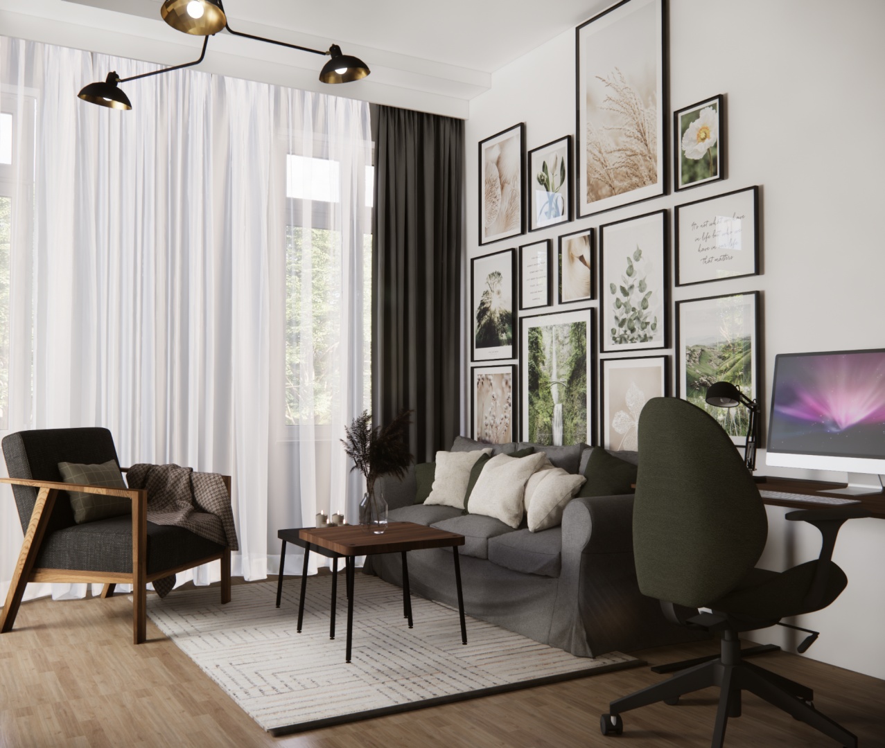 Przytulny salon z szarą sofą, fotel z drewnianymi podłokietnikami, galeria plakatów i miejsce do pracy przy biurku.